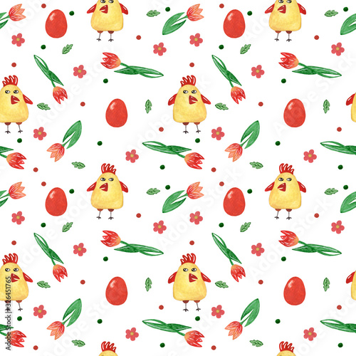 Watercolor seamless pattern with chicken, hen end egg with a tulip