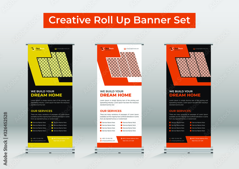 Construction roll up banner. Real estate roll up banner template design.  Standee design. Corporate signage. Presentation and brochure. Modern  x-banner and flag-banner advertising. Vector illustration Stock Vector |  Adobe Stock