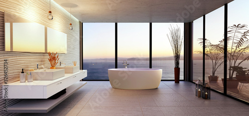 Stylish bathroom illustration with sea view.