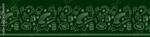 Horizontal seamless pattern on a green background with classic St. Patrick's day symbols:beer, horseshoe,hat,clover.Illustration in Doodle style for pub design, restaurant menus, signage, textiles.