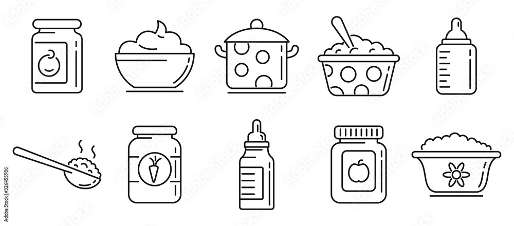 Baby kitchen icons set. Outline set of baby kitchen vector icons for web design isolated on white background