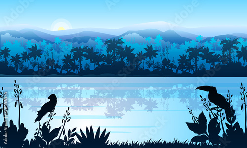 Stock horizontal landscape with rainforest, river, parrot and toucan in mist. Jungle panorama with palm trees silhouette and rising sun. Exotic vector banner in blue for landing pages, advertisements