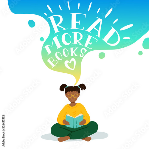 Vector illustration of african american lettle girl sitting and reading book, dreaming. Motivational literature fan. Colorful gradient concept illustration. Read more books lettering.