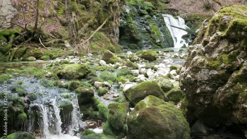 Izvir Bistrice the natural source of Bohinj River. The stream flowing through the Bohinjska Bistrica river gets its water from the lower Bohinj mountains. Izvir Bistrice the natural source of Bohinj River. The stream flowing through the Bohinjska Bistrica river gets its water from the lower Bohinj mountains.