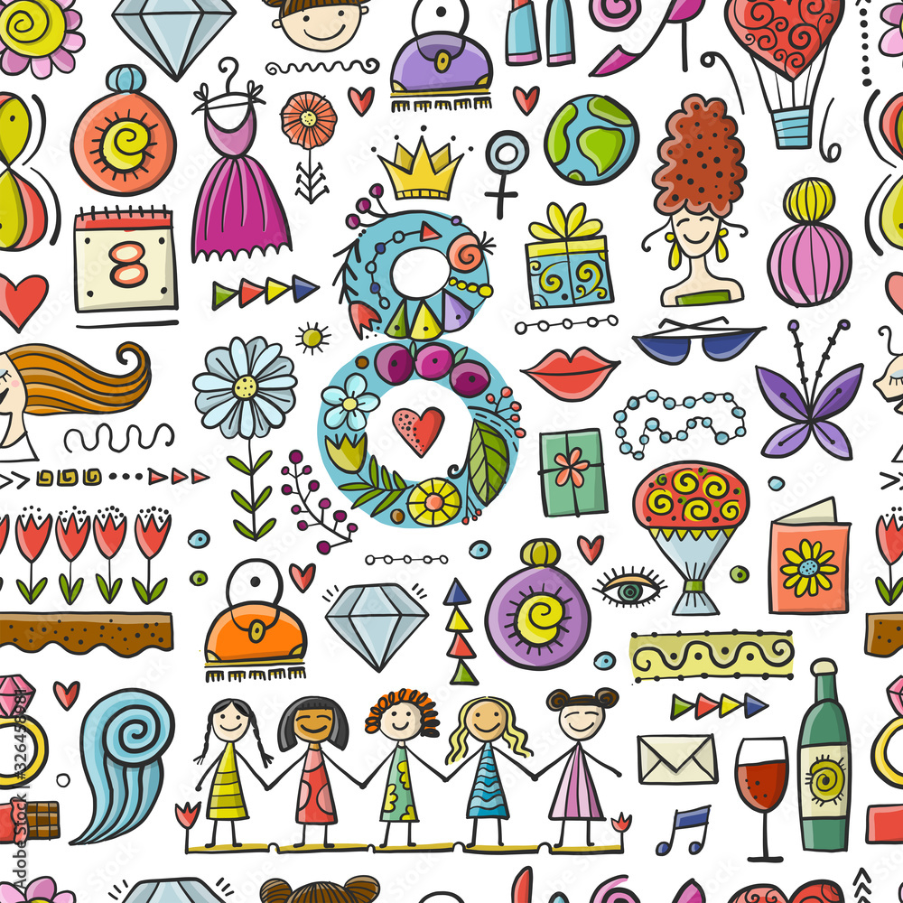 Seamless pattern background for your design. Idea for wallpaper, fabric, wrapping paper. International Women s Day. 8th of march. Female holiday