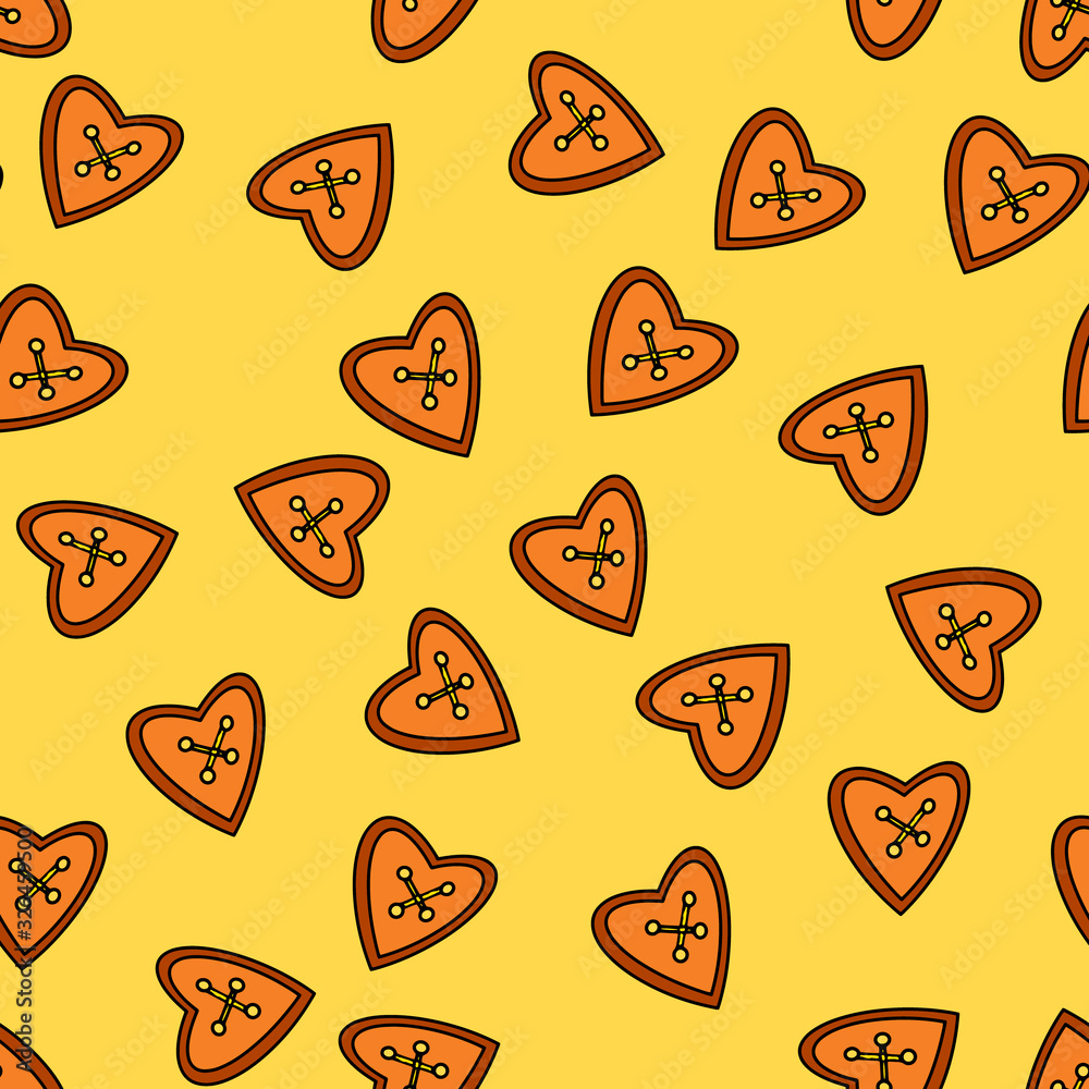 Seamless pattern on a yellow background with a button in the shape of a heart, hand-drawn line, Doodle. Symbol of love, Valentine s Day, wedding.good illustration. symbol.Sewn button.Vector Seamless pattern on a yellow background with a button in the shape of a heart, hand-drawn line, Doodle. Symbol of love, Valentine s Day, wedding.good illustration. symbol.Sewn button.Vector