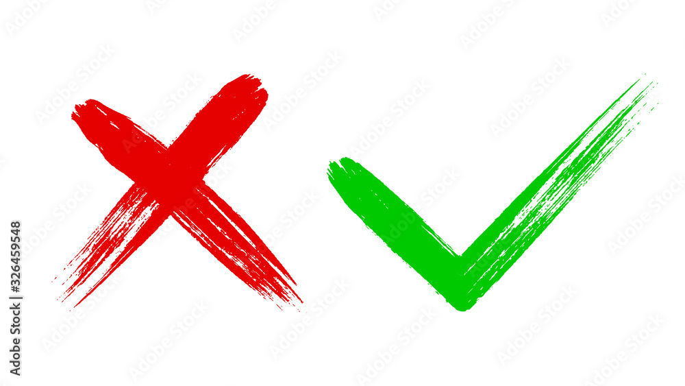 Two dirty grunge hand drawn with brush strokes cross x and tick OK check marks vector illustration isolated on white background. Check mark symbol NO and YES buttons for vote in check box, web, etc.