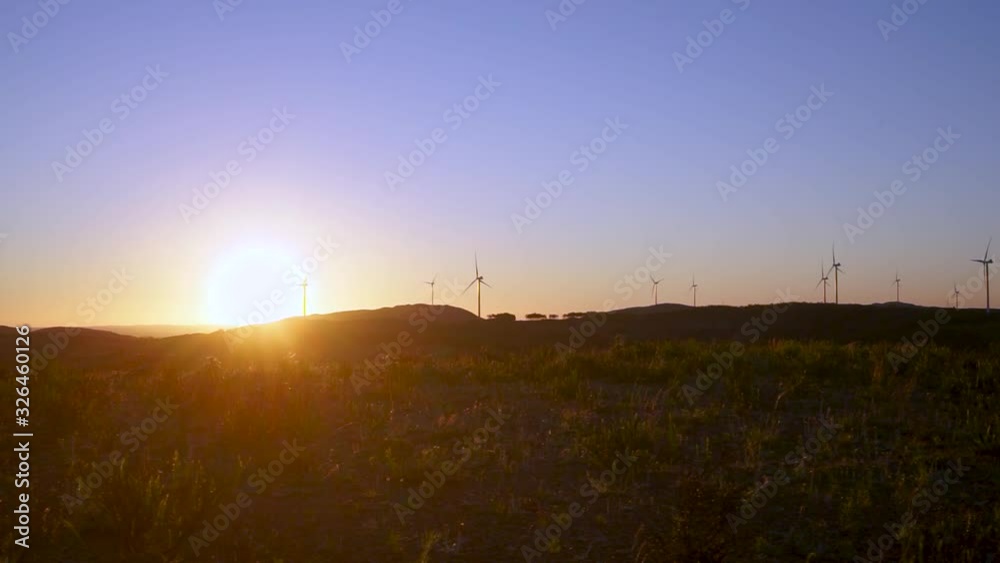 Field of turbine windmills twiling with the wind at the sunset Field of turbine windmills twiling with the wind at the sunset