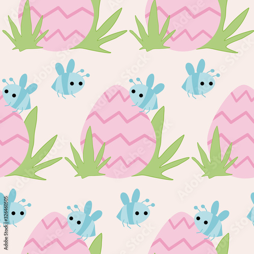 easter pink egg and blue bees, seamless pattern
