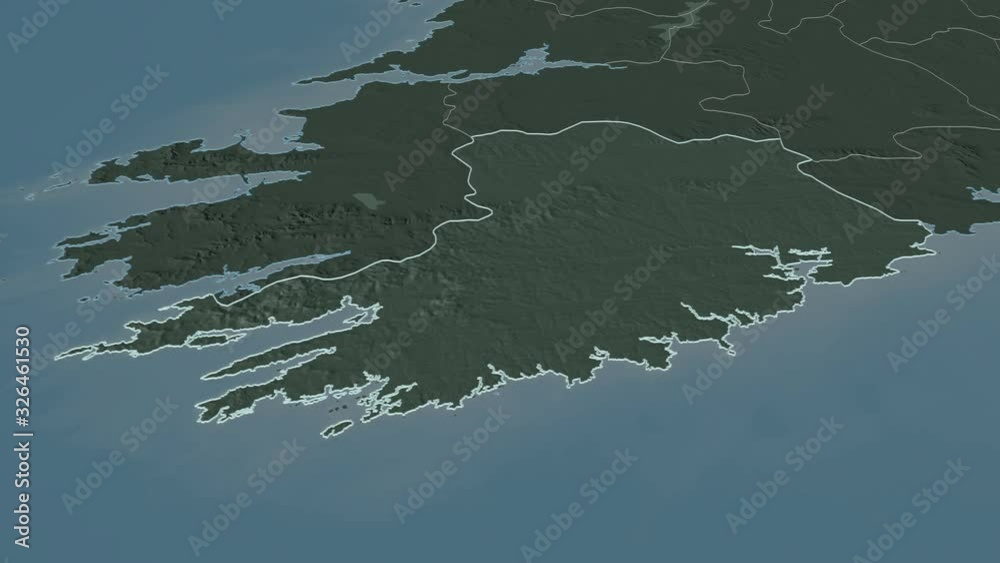 Cork, county with its capital, zoomed and extruded on the administrative map of Ireland in the conformal Stereographic projection. Animation 3D Cork, county with its capital, zoomed and extruded on the administrative map of Ireland in the conformal Stereographic projection. Animation 3D