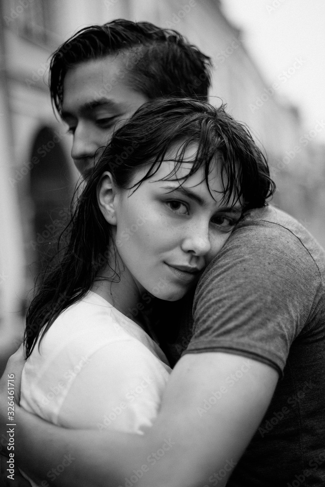 Hugging loving boy and girl outside Hugging loving boy and girl outside