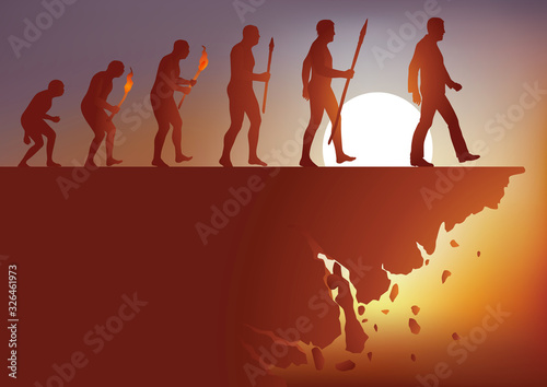 Concept de la fin du monde avec le symbole de l’évolution de l’homme de Darwin qui aboutit à la destruction de la planète et la disparition de l’espèce humaine.