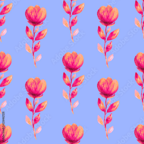 Hand-drawn watercolor bright pink flowers on a blue background seamless pattern.Bright summer floral ornament  for fabric invitations  wrapping paper  cards and other materials.