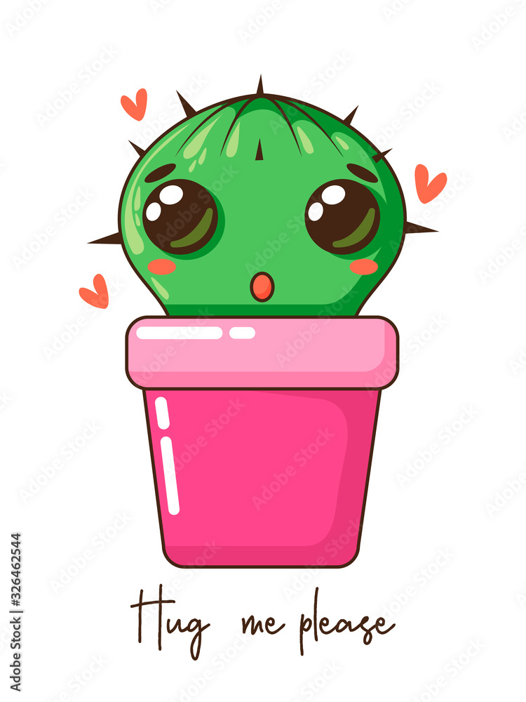 Cute kawaii cactus in pots. Cartoon style. Vector images on a