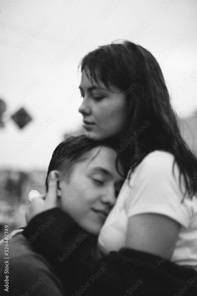 Hugging loving boy and girl outside Hugging loving boy and girl outside