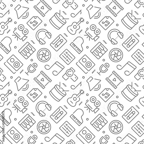 Music and video related seamless pattern with outline icons