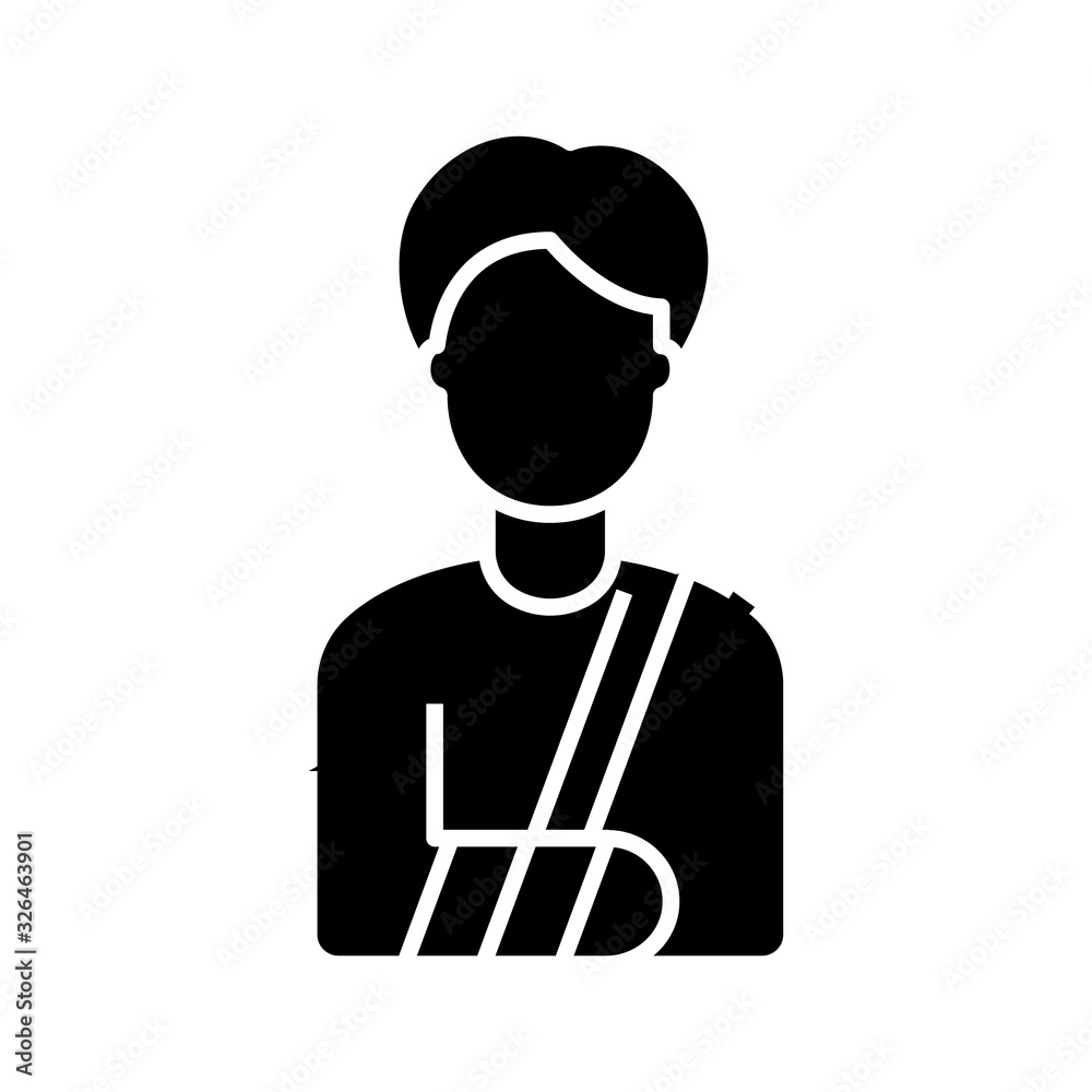 Broken arm black icon, concept illustration, vector flat symbol, glyph sign. Broken arm black icon, concept illustration, vector flat symbol, glyph sign.
