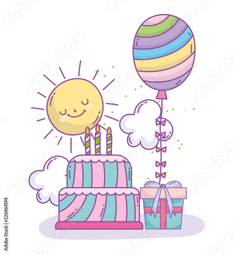 happy birthday cake rainbow balloon and gift box celebration party
