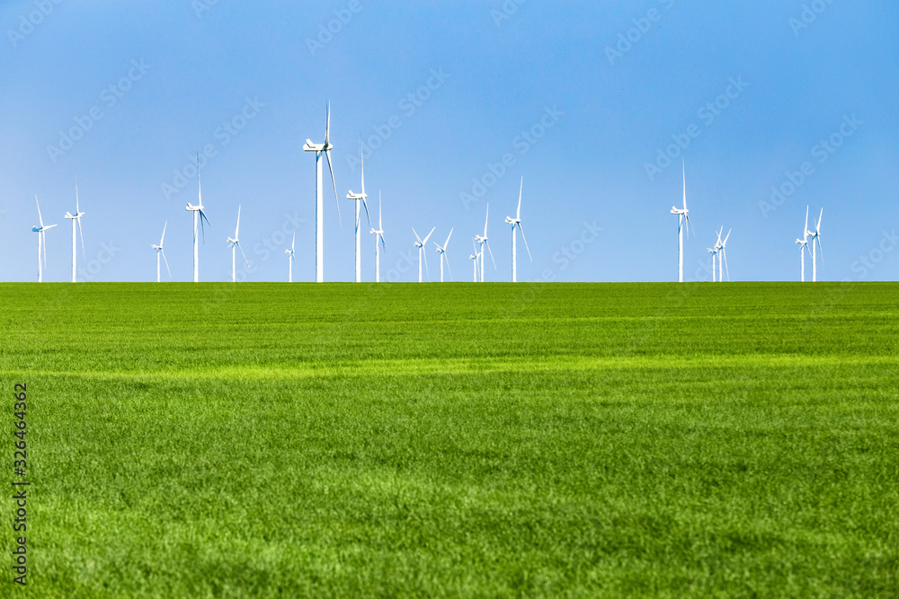 Clear sky and many Wind Turbines, summer day on the field Clear sky and many Wind Turbines, summer day on the field