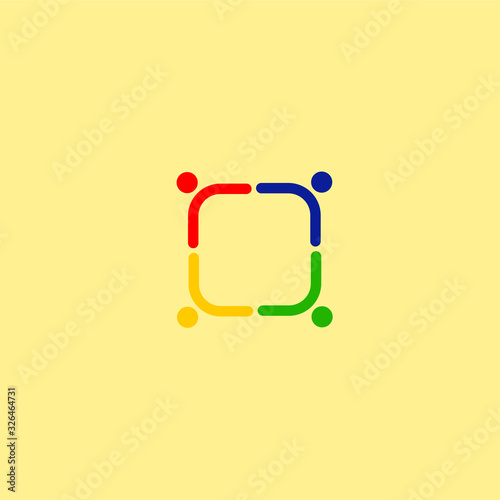 Design crowd, working team 4 people, vintage edition on yellow
