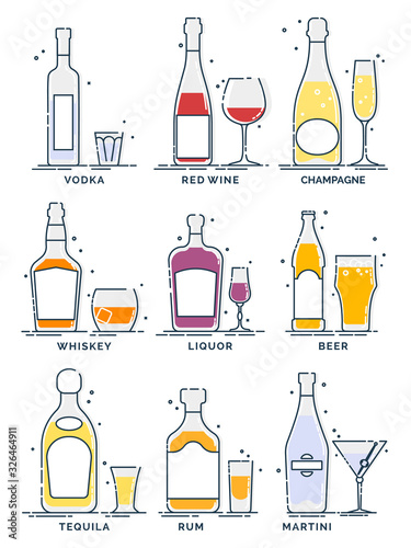 Set bottles and glasses. Alcohol drinks on white background. Alcoholic beverage. Liquid color. Isolated illustration. Vodka red wine champagne whiskey liquor beer tequila rum martini. Drink icon