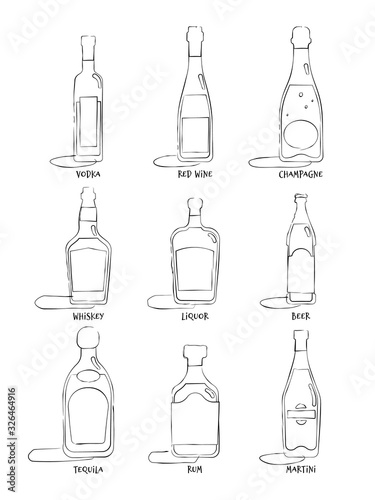 Set bottles hand draw. Alcohol drinks on white background. Alcoholic beverage. Isolated illustration. Vodka red wine champagne whiskey liquor beer tequila rum martini. Drink icon