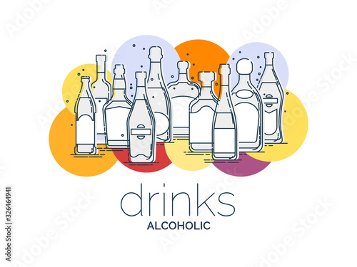 Collection alcoholic drinks. Alcohol bottles stand in row. White background. Illustration isolated. Outline flat design style. Beer champagne wine whiskey liquor vodka martini whiskey rum tequila