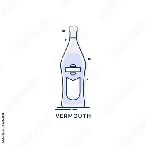 Bottle vermouth line art, great design for any purposes. Creative graphic element. Trendy design. Minimalism simplicity sign. Alcoholic product for restaurant illustration. Isolated on white backdrop.