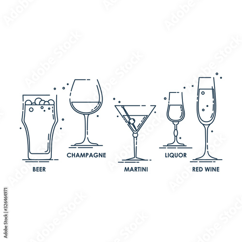 Glass beer champagne martini liquor red wine line art in flat style. Restaurant alcoholic illustration for celebration design. Design contour element. Beverage outline icon. Isolated on white backdrop