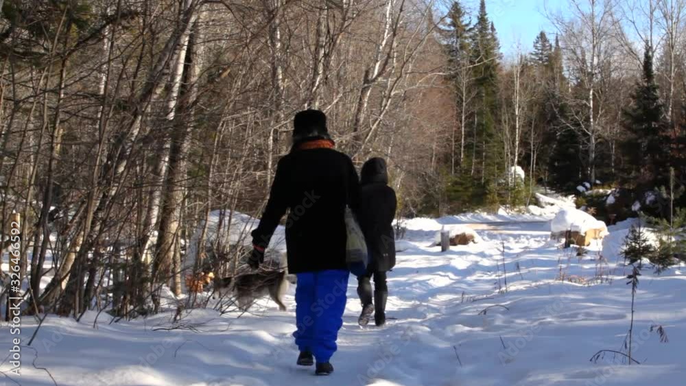 Old woman and younger girl walking in the street with alaskan husky dog in wintertime seen from behind - traveling up