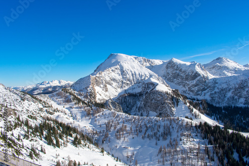 Berchtesgaden, Germany Mountain landscape in bavarian alps in winter. Mountains covered with snow 