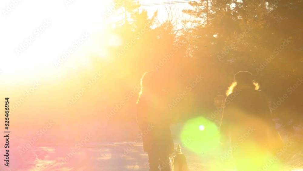 Old woman and younger girl walking in the street with alaskan husky dog in wintertime, flooded by sun flares - traveling up