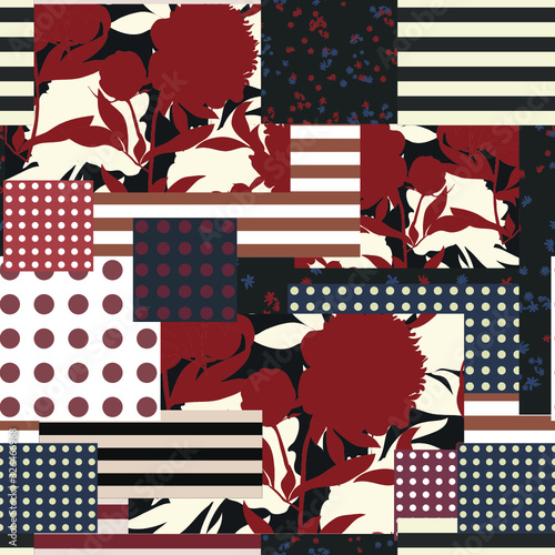 Trendy seamless pattern. Geometric elements mixed with blooming flowers. Polka dots, stripes and floral composition. Modern vector texture. Illustration for fashion, fabric, wallpaper, textile, design