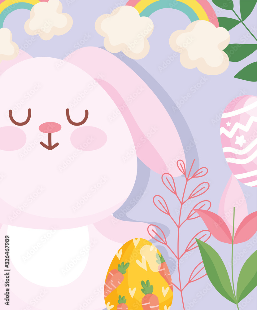 happy easter cute rabbit with egg painting carrots flowers leaves cartoon happy easter cute rabbit with egg painting carrots flowers leaves cartoon