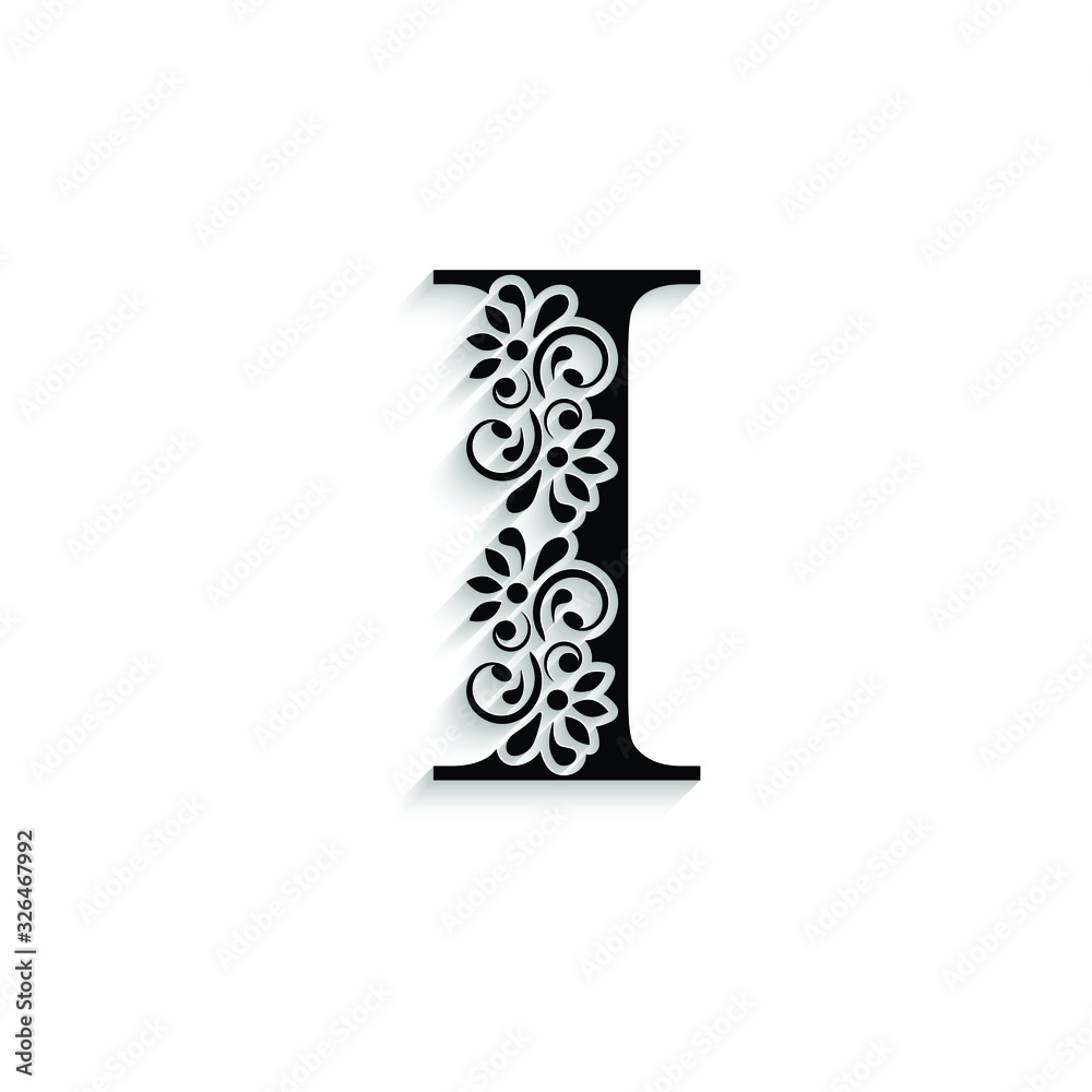 letter I. Black flower alphabet.  Beautiful capital letter with shadow