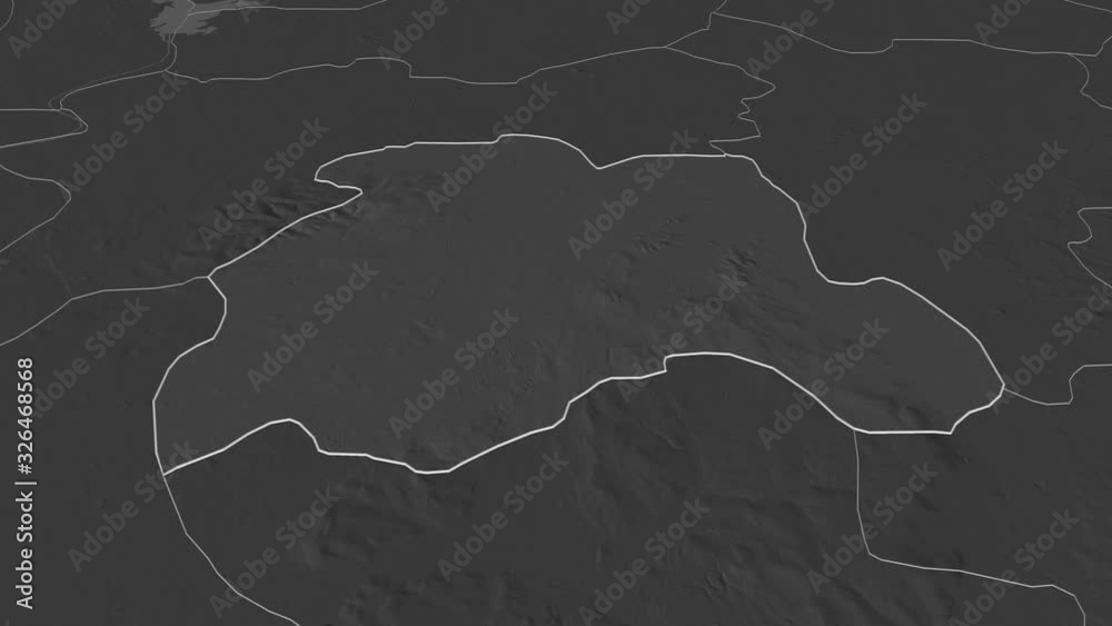 Laoighis, county with its capital, zoomed and extruded on the bilevel map of Ireland in the conformal Stereographic projection. Animation 3D