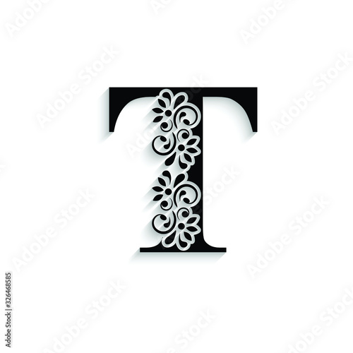 letter T. Black flower alphabet.  Beautiful capital letter with shadow