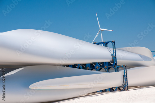 Rotor blade of a generator for alternative green energy, wind turbine power for electricity system. Industrial technology for clear environment	