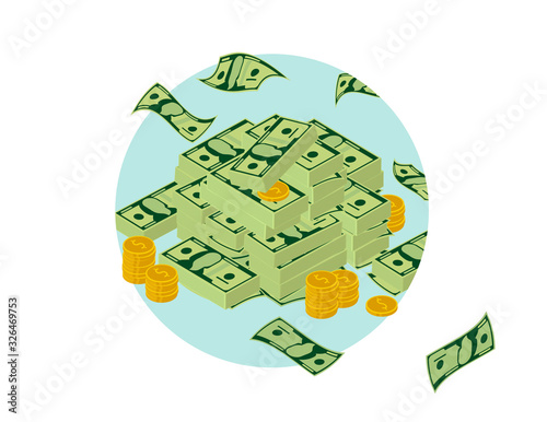 Money in a circle illustration - A pile of dollars with coins and money flying around. Salary, income, wealth and ritch concept. photo