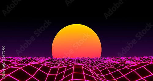 3D wireframe water waves sunset photo