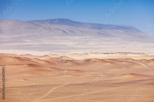 View of the endless desert of Paracas National Reserve, dunes, sands. Peru.
