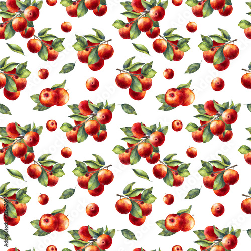 Watercolor seamless pattern with red apples  branches and leaves on white background. Hand-painted.