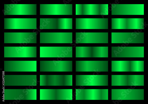 Neon green metal gradient set. Vector metallic texture. Big collection of red green gradients on black background
