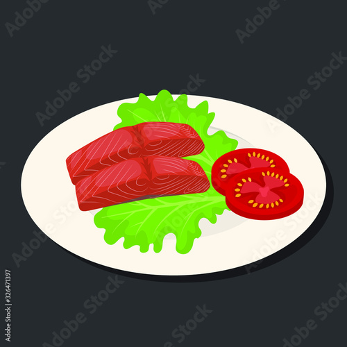 Breakfast with salmon fillet, lettuce and tomato in cartoon style. Vector illustration.