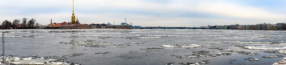 St. Petersburg, Russia, February 2020. A magnificent panorama of the river and the sights of the city.