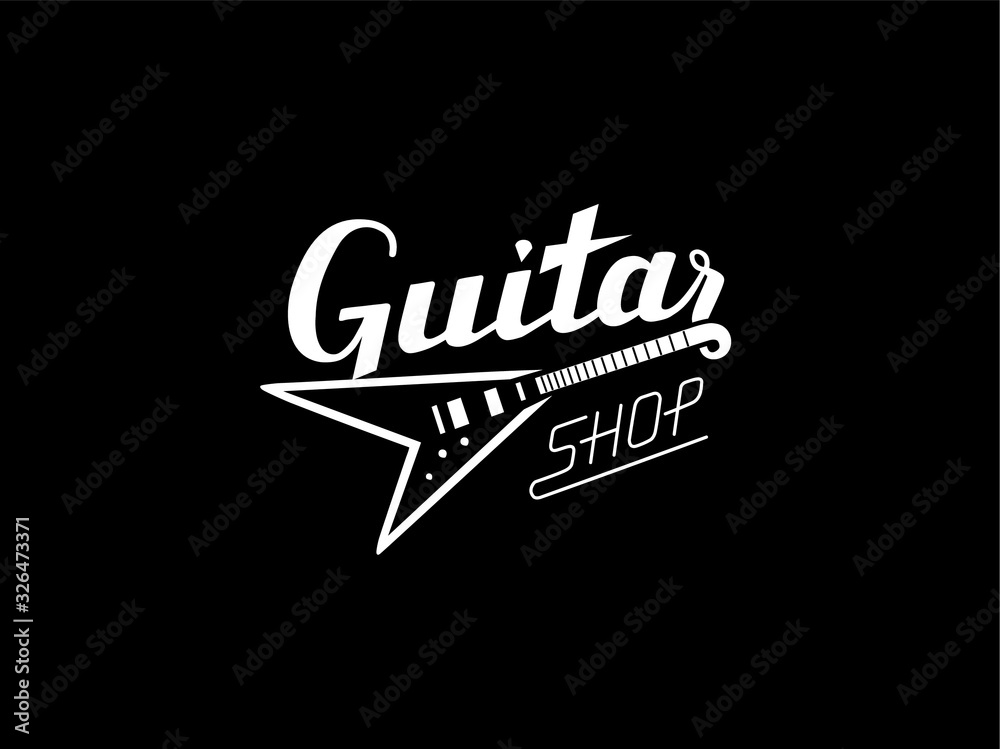 Guitar Shop lettering with electric guitar. Vector logo design for instrument shop.