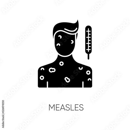 Measles black glyph icon. Pandemic viral infection, contagious rubella virus, chickenpox silhouette symbol on white space. Infected person with rash and fever vector isolated illustration