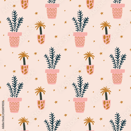 Plant lovers seamless pattern. Growing potted flowers illustration, gardening love, urban jungle woman concept in hygge scandinavian style. Vector EPS clip art
