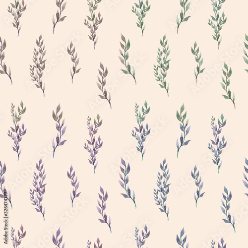 Watercolor eucalyptus branches seamless pattern. Hand painted floral texture with plant objects on pastel background. Natural tropical wallpaper