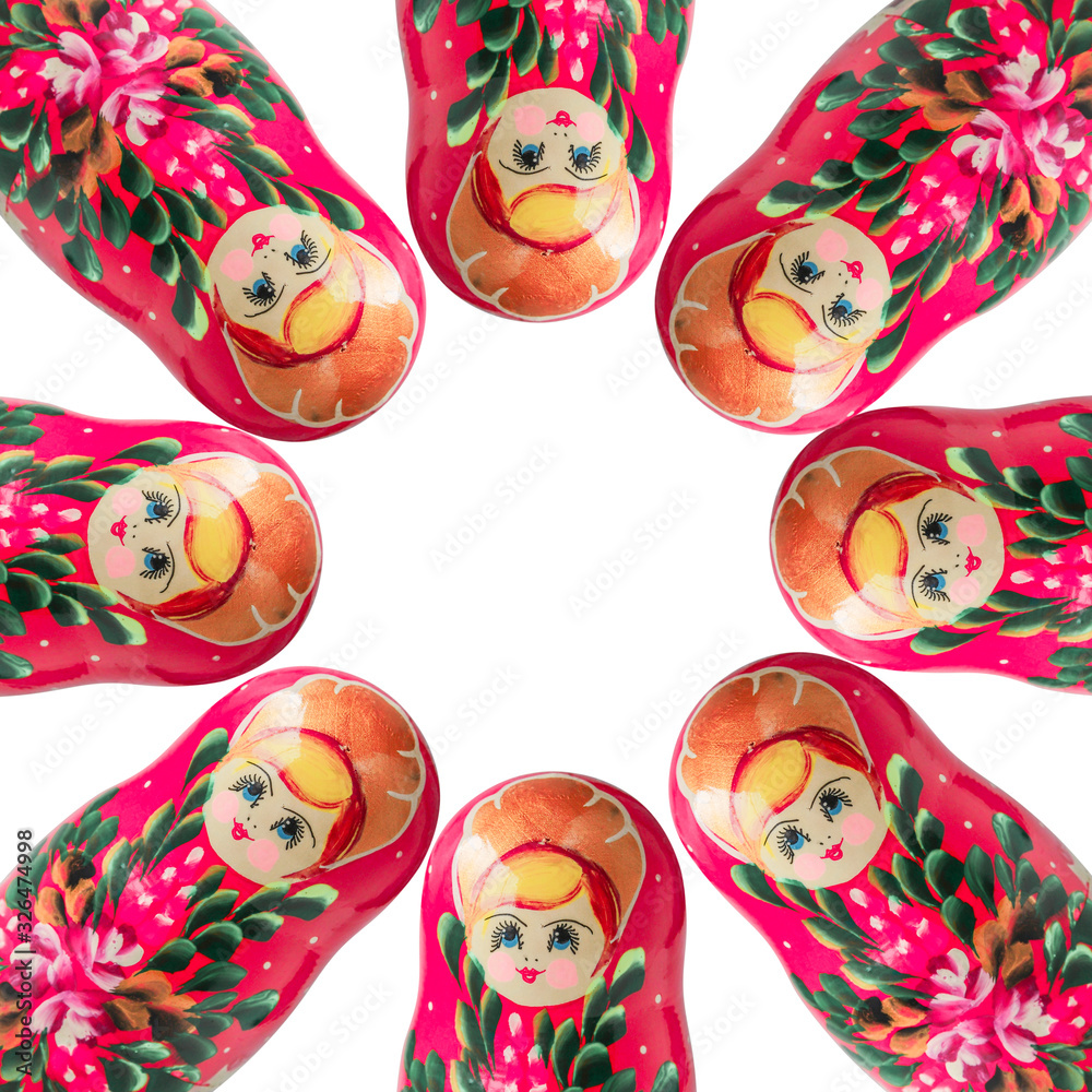 Creative layout with Russian dolls matryoshka on white background with copy space. Traditional Moscow toy